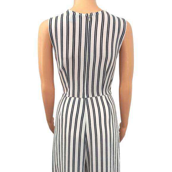 AQUA Striped Wrap Front Wide-Leg Crop Culotte Jumpsuit Pockets White Black L - Picture 5 of 11